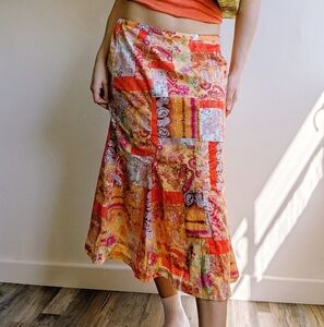 Vintage Y2K Citrus Orange Floral Patchwork Embroidered Midi Skirt